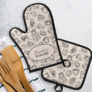 Vintage bakery name personalised grey baking oven mitt & pot holder set