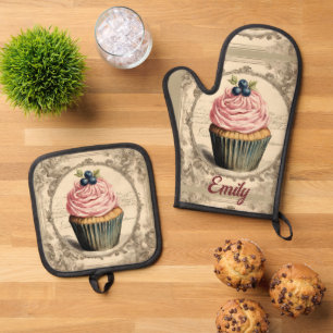 Vintage Bakery Pastry Chef Cupcake Baker  Baking Oven Mitt & Pot Holder Set