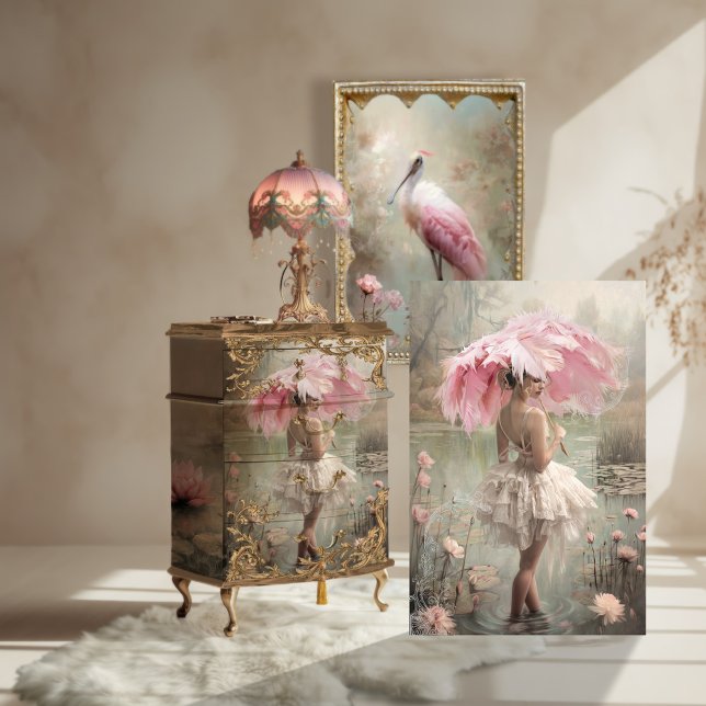 Vintage ballerina, Feathers & Lace, Lotus Lake  Tissue Paper (Vintage Ballerina, Light Dusty Colours, Pink Highlights, Feathered Parasol, Elegant Lady Standing.)