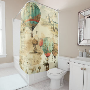 Vintage Balloon Wilderness Map Mountain Shower Curtain