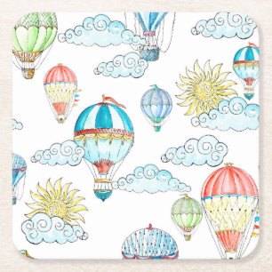 Vintage Balloons: Whimsical Watercolor Seamless. Square Paper Coaster