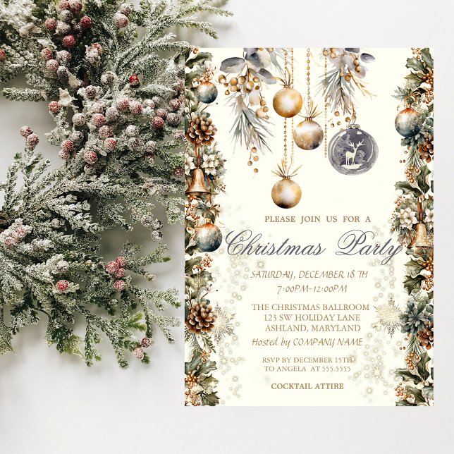 Vintage Balls Bells Pinecones Snowflakes Company   Invitation (Creator Uploaded)