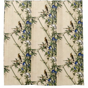 Vintage Bamboo and Blue Morning Glory Art Shower Curtain