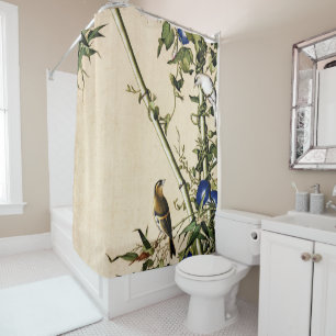 Vintage Bamboo and Blue Morning Glory Art Shower Curtain