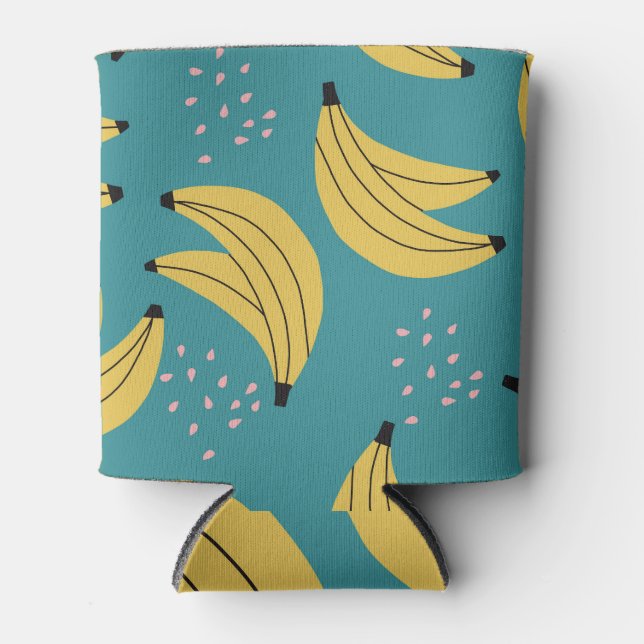 Vintage banana pattern, blue background. can cooler (Front)