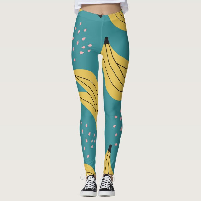 Vintage banana pattern, blue background. leggings (Front)