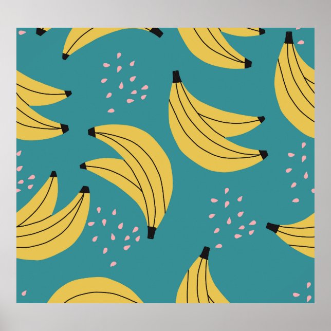 Vintage banana pattern, blue background. poster (Front)