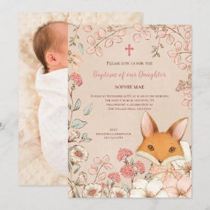 Vintage Baptism Cute Fox Photo Flowers Baby Girl Invitation