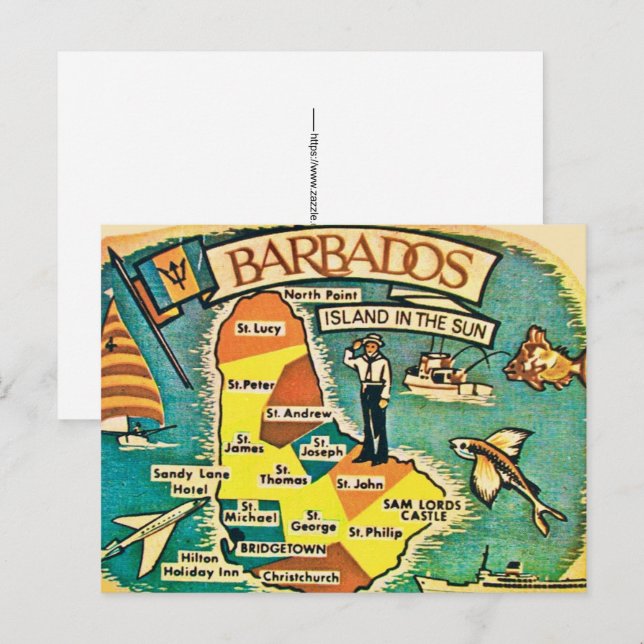 Vintage Barbados Map Postcard (Front/Back)