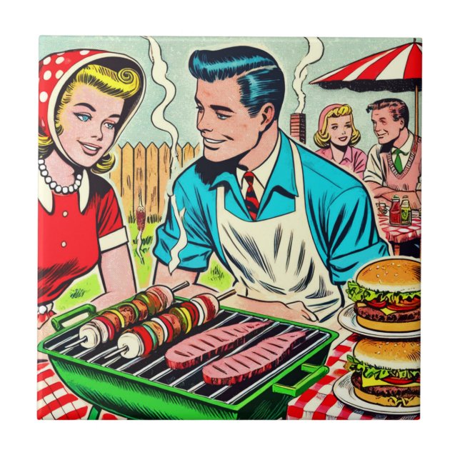 Vintage Barbecue Couple Comics Ceramic Tile (Front)