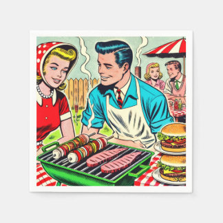 Vintage Barbecue Couple Comics Napkin