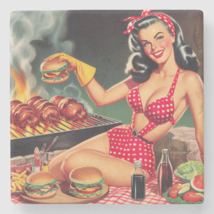 Vintage Barbecue Pin Up Stone Coaster