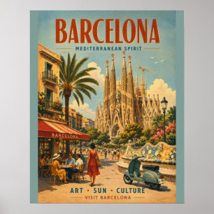Vintage Barcelona Travel Poster with Mediterranean