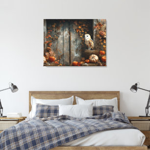 Vintage Barn Owl and Barn Wood Autumn 32x24 Canvas Print