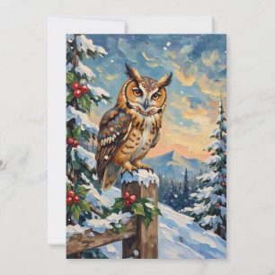 Vintage Barn Owl on Frosty Fence Christmas Holiday Card