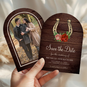 Vintage Barn Wood Floral Horseshoe Wedding Photo Save The Date