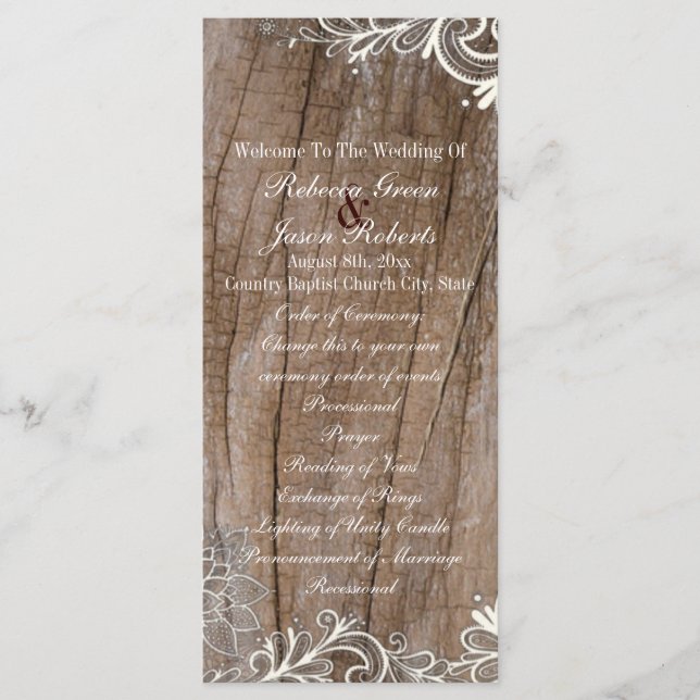 vintage barn wood  lace country wedding programs (Front)