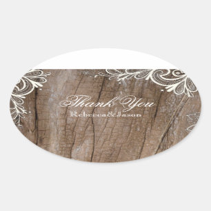 vintage barn wood lace country wedding thank you oval sticker