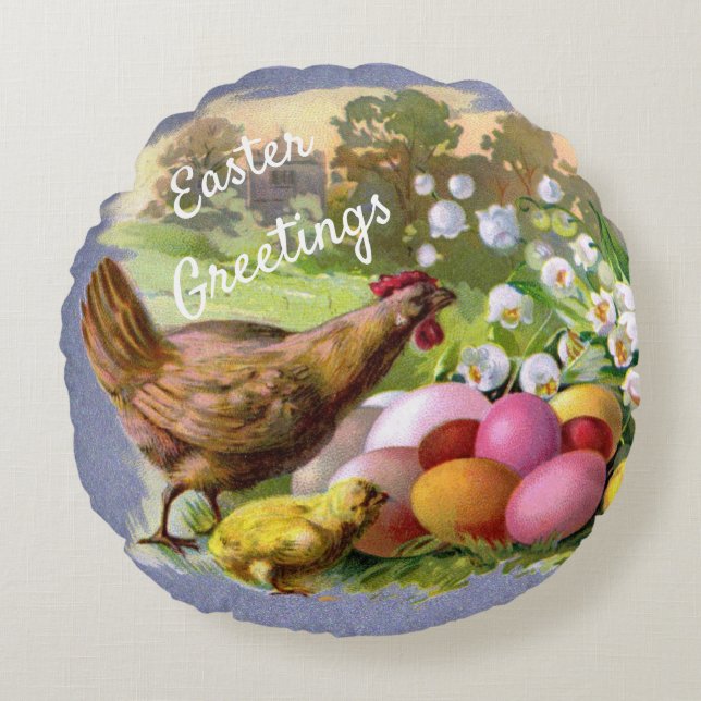 Vintage Barnyard Chickens Easter Round Pillow (Front)