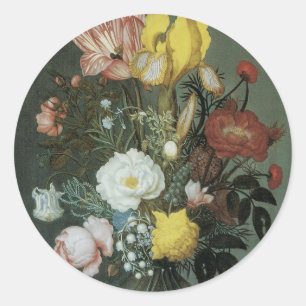 Vintage Baroque, Bouquet of Flowers in Glass Vase Classic Round Sticker