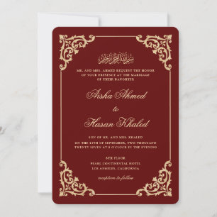 Vintage Baroque Burgundy Red Script Muslim Wedding Invitation