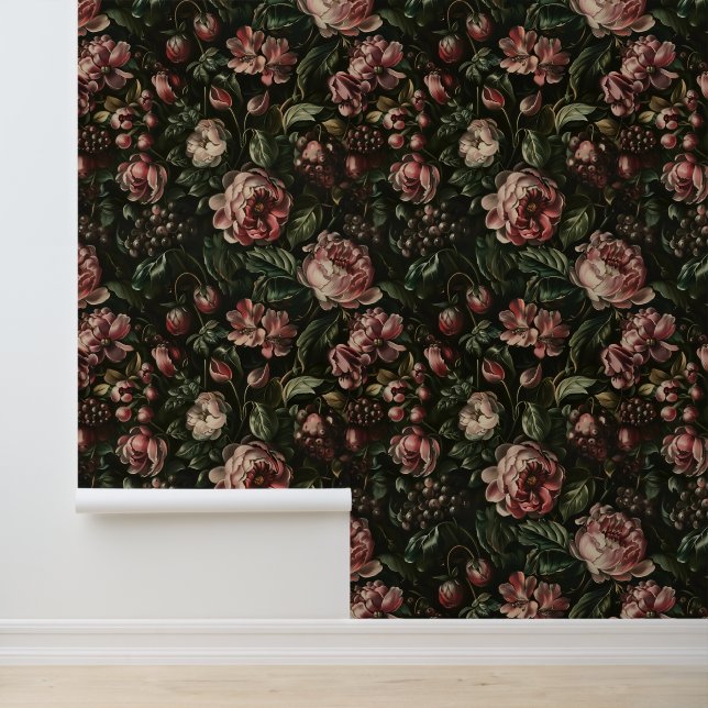 Vintage Baroque Dark Purple Floral Wallpaper (Application)