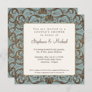 Vintage Baroque Elegant Couples Shower Blue n Gold Invitation
