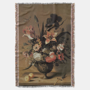 Vintage Baroque, Floral Still Life Flowers in Vase Throw Blanket