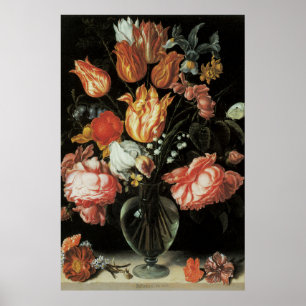 Vintage Baroque Flowers, Tulips and Roses in Vase Poster