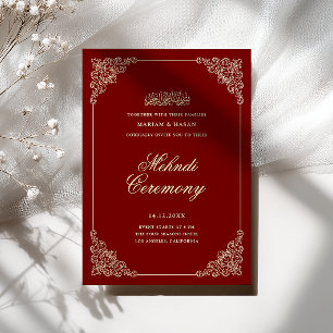 Vintage Baroque Frame Burgundy Red Mehndi Ceremony Invitation