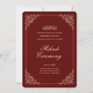 Vintage Baroque Frame Burgundy Red Mehndi Ceremony Invitation