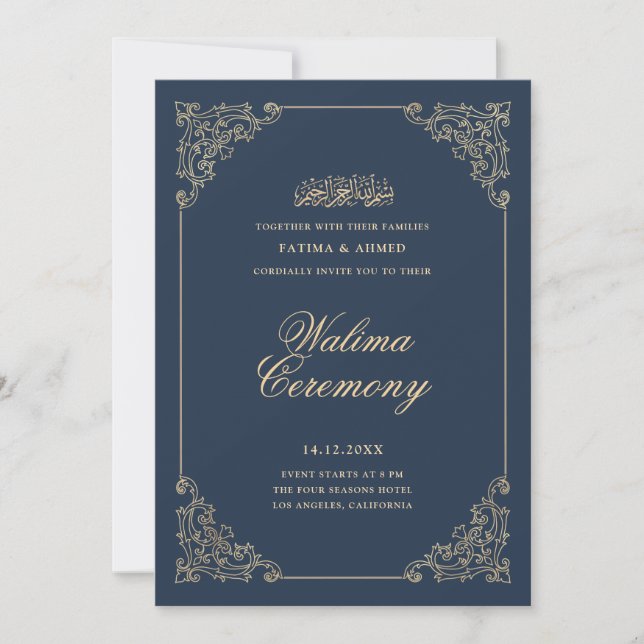Vintage Baroque Frame Navy Blue Walima Ceremony Invitation (Front)