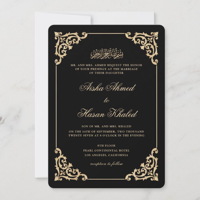 Vintage Baroque Gold Script Black Muslim Wedding Invitation (Front)