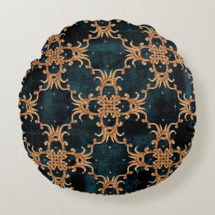 Vintage Baroque golden floral illustration pattern Round Cushion