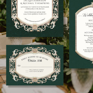 Vintage Baroque Victorian Emerald n Gold Wedding RSVP Card