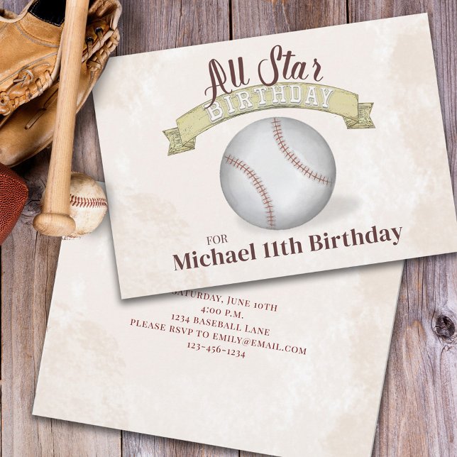 Vintage Baseball All Star Birthday Simple Party  Invitation (Creator Uploaded)