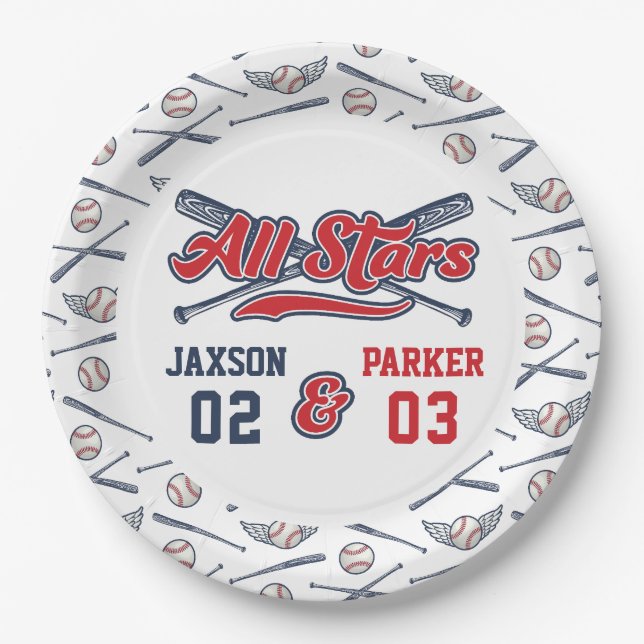 Vintage Baseball All Star Joint Birthday Paper Plate (Front)