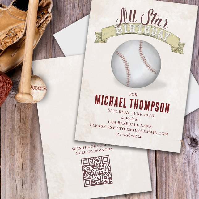 Vintage Baseball All Star Simple Birthday Party  Invitation (Creator Uploaded)