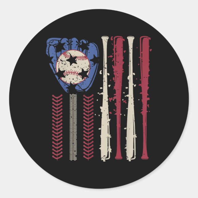 Vintage Baseball American Flag  Classic Round Sticker (Front)