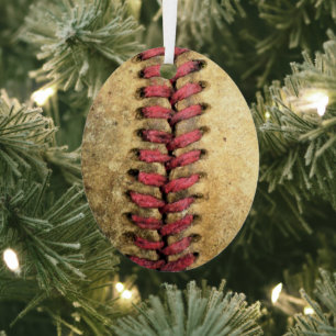 Vintage Baseball Art - Aged Leather & Red Stitch Metal Tree Decoration