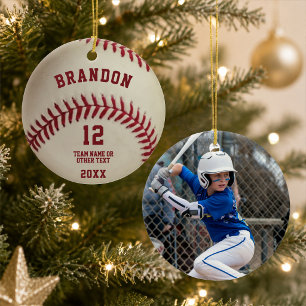 Vintage Baseball Ball Stitching Photo Personalised Ceramic Ornament