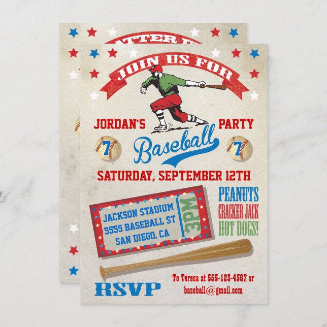 Vintage Baseball birthday party invitations (Front/Back)