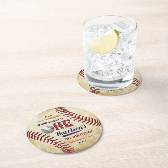 Vintage Baseball Boys 1st Birthday Round Paper Coaster (Insitu)
