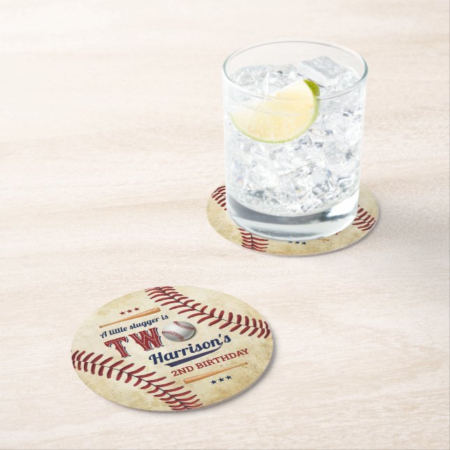 Vintage Baseball Boys 2nd Birthday Round Paper Coaster (Insitu)