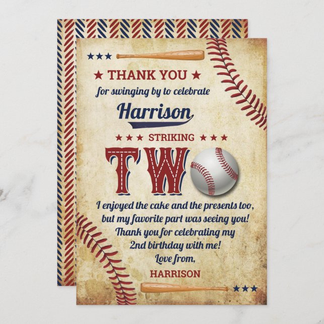 Vintage Baseball Boys 2nd Birthday Thank You Card (Front/Back)