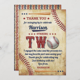 Vintage Baseball Boys 2nd Birthday Thank You Card