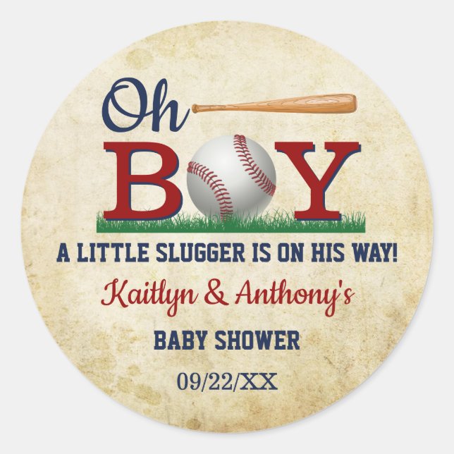 Vintage Baseball Boys Baby Shower Classic Round Sticker (Front)