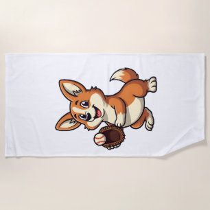 Vintage Baseball Corgi Dog Catcher Cartoon Vector Beach Towel