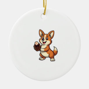 Vintage Baseball Corgi Dog Catcher Cartoon Vector  Ceramic Ornament
