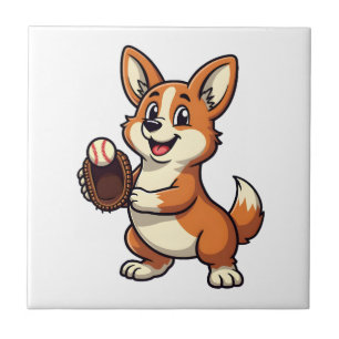 Vintage Baseball Corgi Dog Catcher Cartoon Vector Ceramic Tile